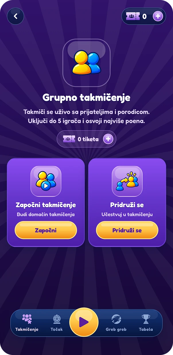 Ekran grupnog takmičenja sa opcijama Započni i Pridruži se