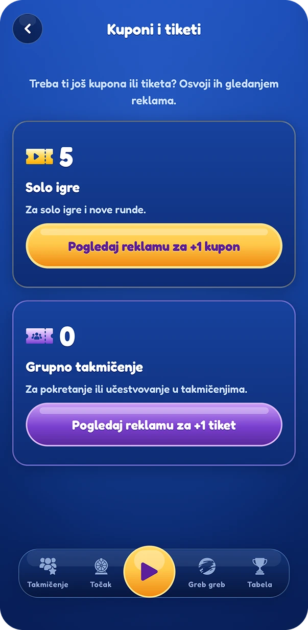 Ekran Kuponi i tiketi sa opcijama za solo igre i grupno takmičenje