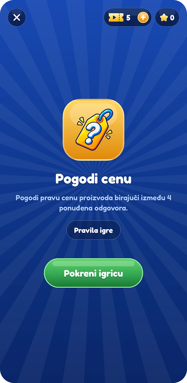 Ekran za izbor igre sa dugmetom Pokreni igricu