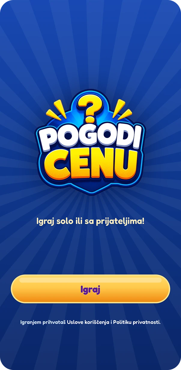 Početni ekran igre Pogodi cenu sa dugmetom Igraj
